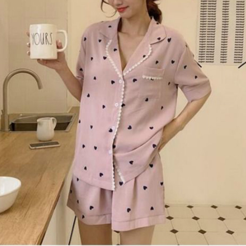 Women's Sleepwear QWEEK Pajamas for Women Home Clothes Pijamas Ladies Heart Print Nightie Lounge Wear Sexy Sleepwear Two Piece Set Pyjamas Summer
