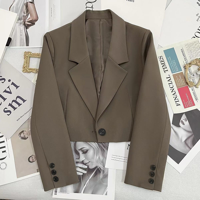 Women's Suits Blazers Lucyever Korean Cropped Blazer Solid Color Simple Singlebutton Outwear Teens Allmatch Long Sleeve Office Suit Jacket 230321
