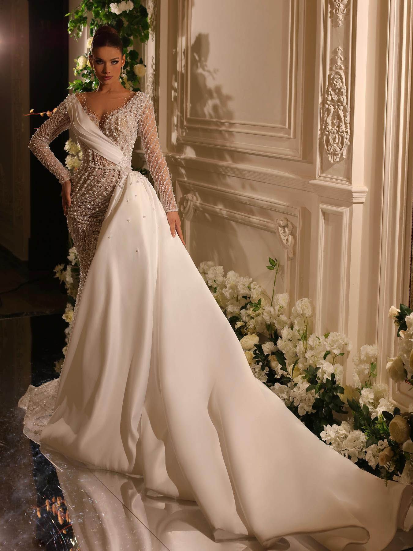 Modern Mermaid Wedding Dress Pearls Beading Sheer V Neck Bridal Gowns 2023 Luxury Beaded Bride Dresses With Detachable Train