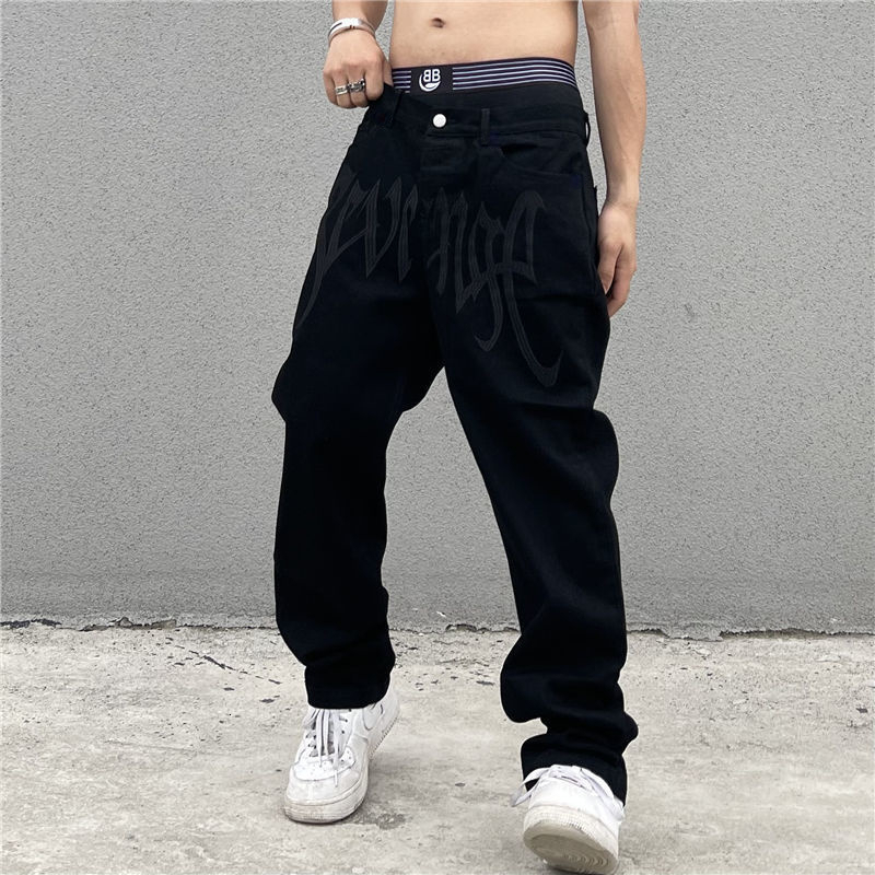 Men's Pants Y2K Emo Fashion Black Streetwear Embroidered Low Rise Baggy Jeans Trousers Straight Hip Hop Alt Denim Male Clothes 230320