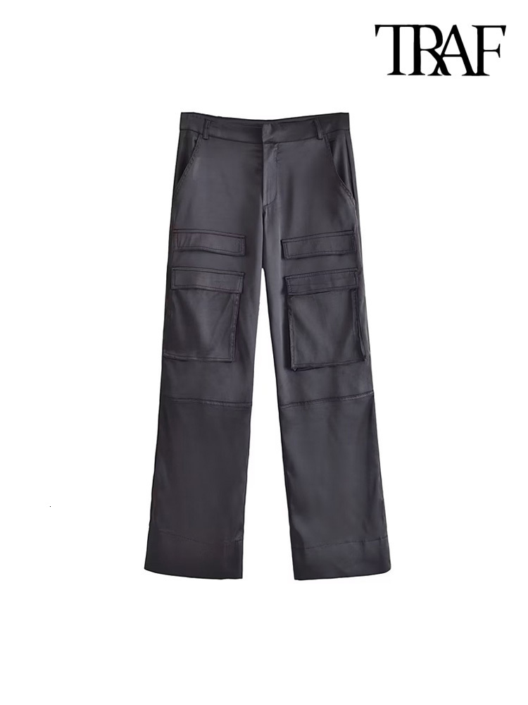 Women's Pants Capris TRAF Women Fashion With Pockets Satin Cargo Pants Vintage High Waist Zipper Fly Female Trousers Mujer 230321