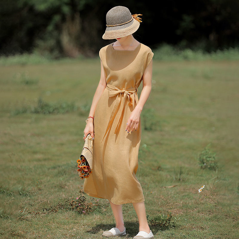 Casual Dresses Summer Square Collor Solid Cotton Linen Simple Loose Casual Bandage Waist Midi Dress Ladies Green Comfortable Elegant Robe 230321