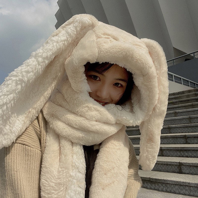 BeanieSkull Caps Fashion Scarf Hat Glove Women Cute Big Ear Bunny Beanie Winter Warm Soft Thickening Pocket Hats Hooded Skullie 230321