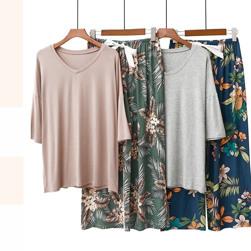 Women's Sleepwear 2PCS Women Pajama Short Sleeve Printing Modal Splicing Pijama Mujer Femme Loose Nightwear Suit Female Casual Homewear Pajama Se