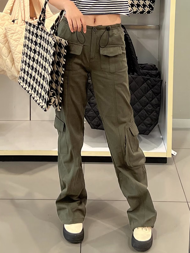 Women's Pants Capris PUWD Casual Women Green High Waist Straight Pants Summer Fashion Ladies Overall Female Pocket Polyester Pants 230321