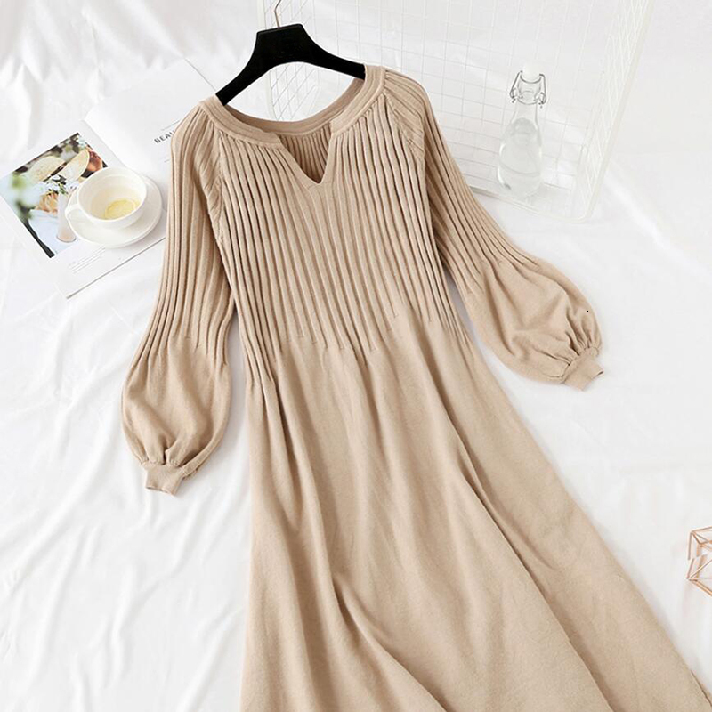 Casual Dresses Autumn Winter Women Knitted Sweater Dress Korean Lantern sleeve V Neck Elegant Long Dress Ladies Bottoming Loose Dress 230321