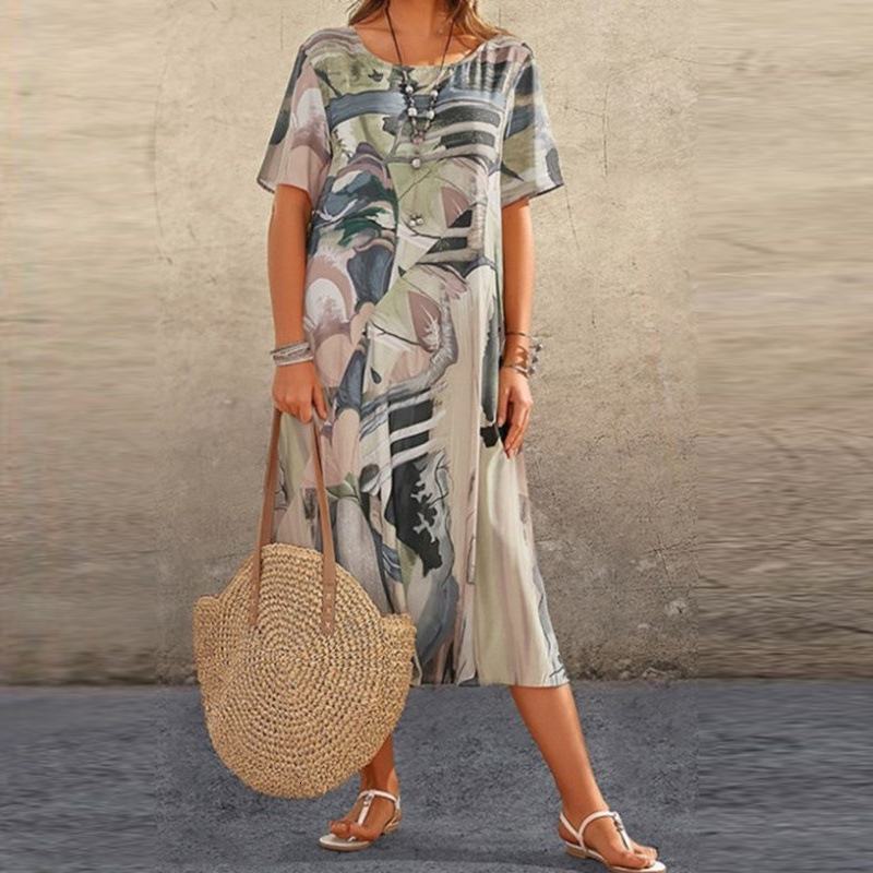 Casual Dresses Bohemian Women Short Sleeve Midi Dress Summer O-Neck Mid Waist Full Art Print Mid-calf Length Dress Female Loose Casual Vestidos 230321