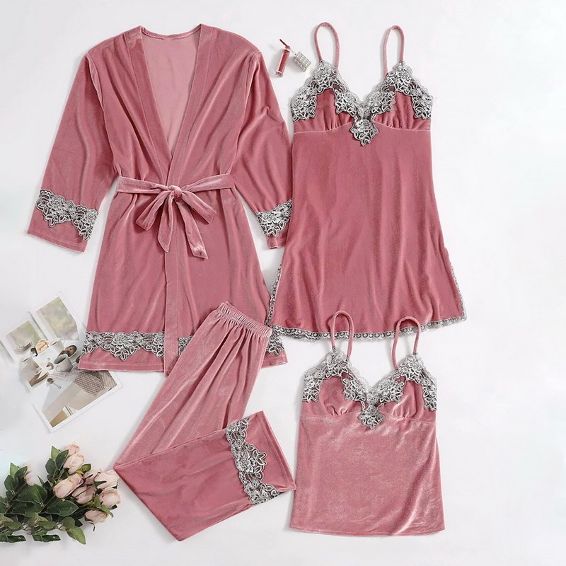 Women's Sleepwear Sexy Velour 4PCS Robe Set Autumn Winter Lace Strap Nighty Kimono Gown Women Long Sleeve Sleepwear Casual Home Wear Nightwear 23