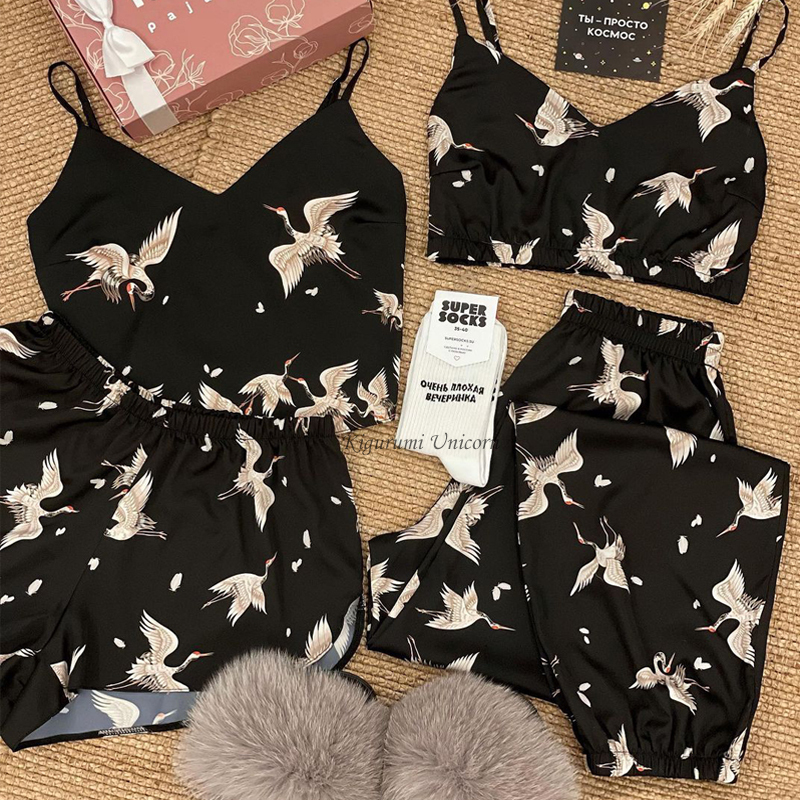 Women's Sleepwear Pajamas for Women Flower Print Pajamas Set Satin Silk Sleepwear Set Summer Pijamas Shorts Home Clothes Loungewear Drop 230321