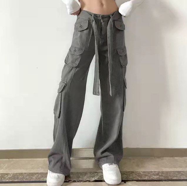 Women's Pants Capris Retro gray overalls wide leg cargo women pants women's trousers sexy low waist loose casual trousers vintage streetwear