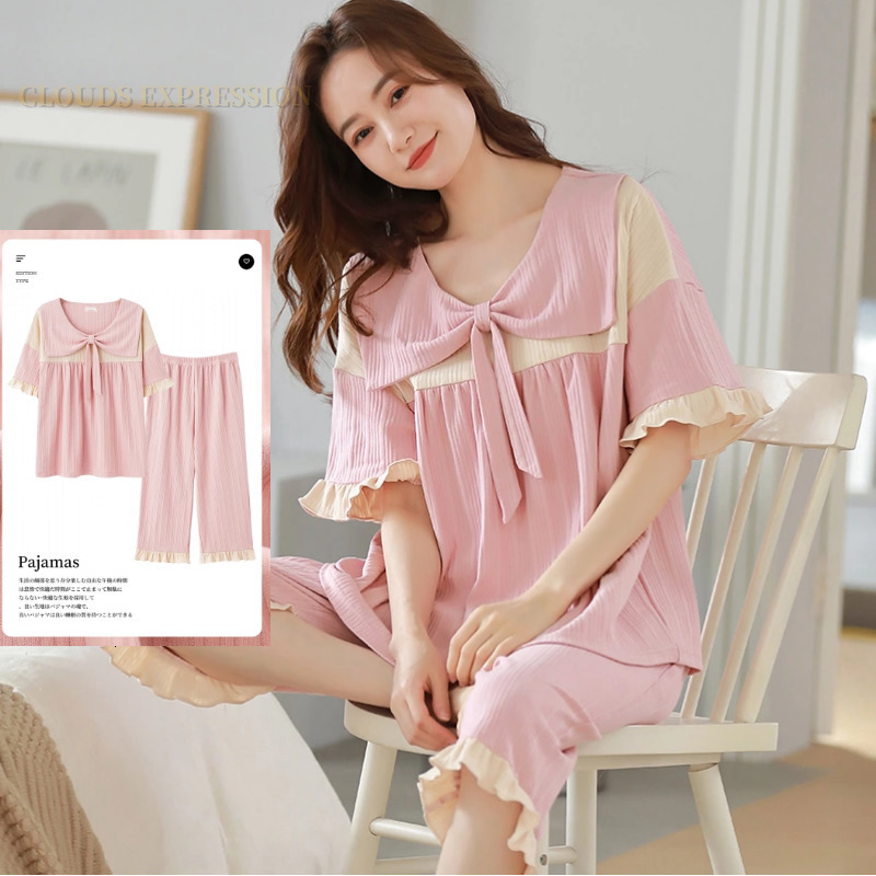 Women's Sleepwear Summer Knitted Cotton Clouds Printing Two Piece Short Sleeved Women Pajamas Sets Pyjamas Ladies Sleepwear Cute Cartoon Pijamas 