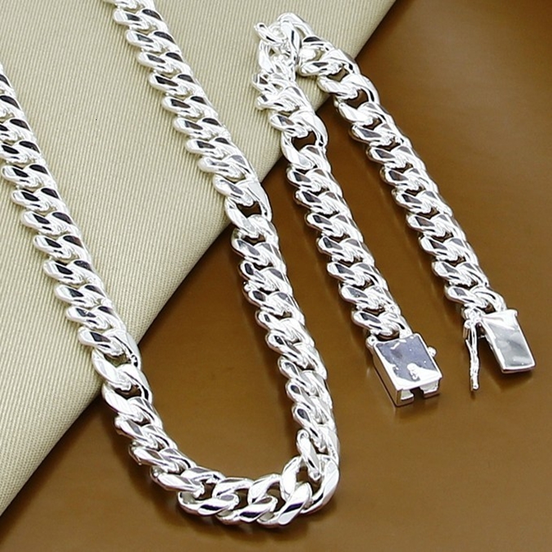 Earrings Necklace High Quality Men Jewelry 925 Sterling Silver Sets 10MM 20''24'' 50cm 60cm Link Chain Necklace Bracelet Sets For 