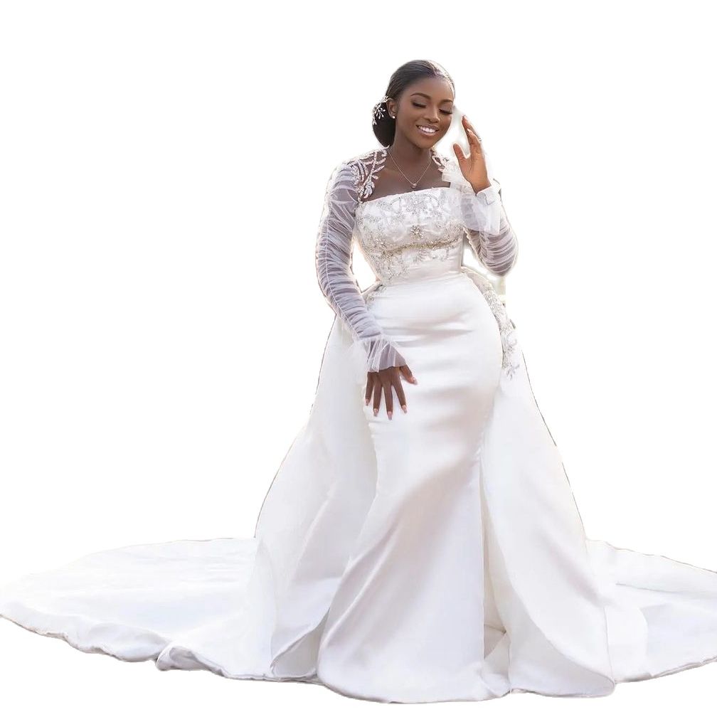 Fashion Strapless Mermaid Wedding Dresses Full Sleeve Bridal Gowns Plus Size Sexy Beading Crystal Dress Vestido De Novia