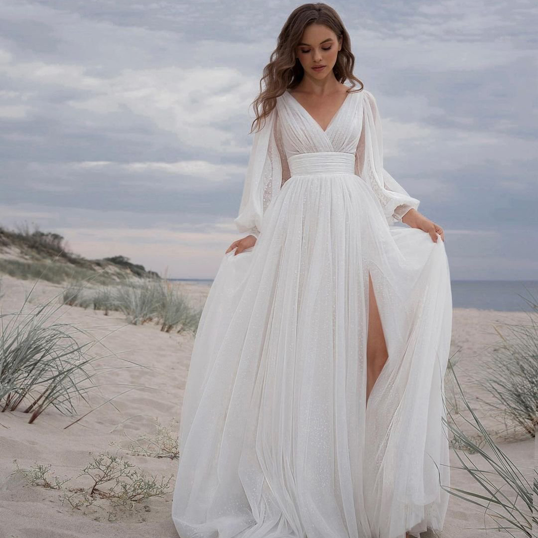 Sexy Wedding Dress 2023 White Puff Sleeve Bride Dresses High Split A-Line Sequined Backless Bridal Gowns Princess Vestidos De Novia