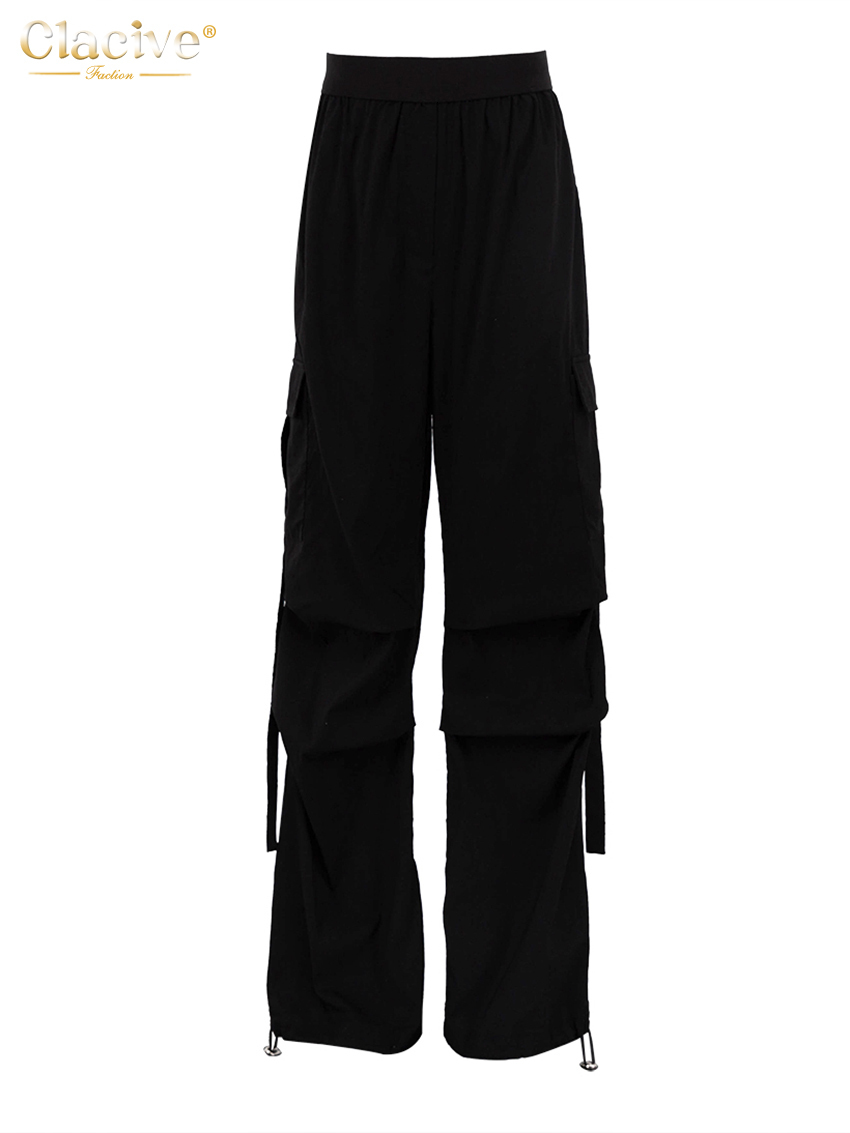 Women's Pants Capris Clacive Fashion Loose Black Cargo Pants Women Elegant Elastic Waist Full Length Pants Casual Straight Trousers Female Clothi