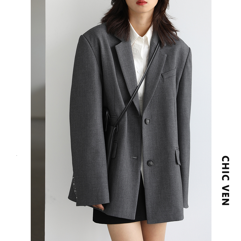 Women's Suits Blazers CHICVEN Women Office Lady Blazer Cuff Embroidery Wide Shoulder Twill Suit Autumn Ladies Outerwear Stylish Tops 230321