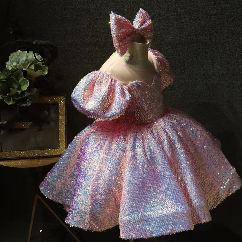 Sequined Ball Gown Flower Girl Dresses Pink Bow Princess Lace Appliques Jewel Neck Toddler Party Gowns Daughter Prom Birthday Dress 403