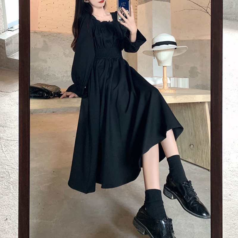 Casual Dresses Black Elegant Dress Women Vintage Long Sleeve Spring Autumn Dresses Square Collar Oversize Loose Casual Robe Streetwear 230321