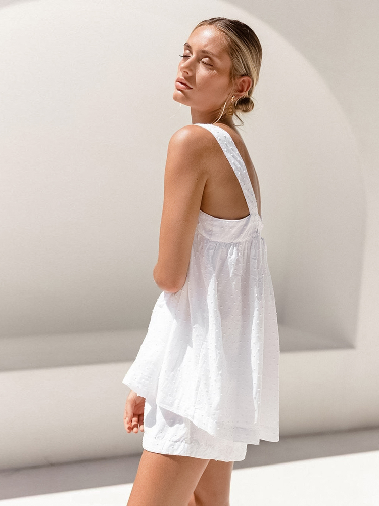 Women's Sleepwear Restve Casual Pajamas Womens Cotton 2 Piece Set White Tank Top Sleeveless Loose Female Home Suits With Shorts Solid Autumn 2303