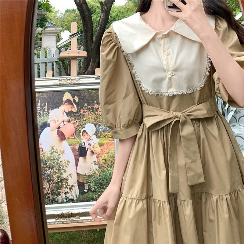 Casual Dresses Women Short Sleeve Dress Patchwork Peter Pan Collar Bow Girls Sweet Kawaii Dresses Students Korean Style High Waist Loose Trendy 230321