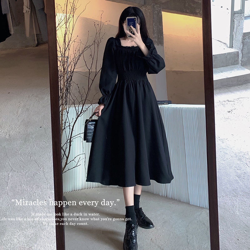 Casual Dresses Black Elegant Dress Women Vintage Long Sleeve Spring Autumn Dresses Square Collar Oversize Loose Casual Robe Streetwear 230321