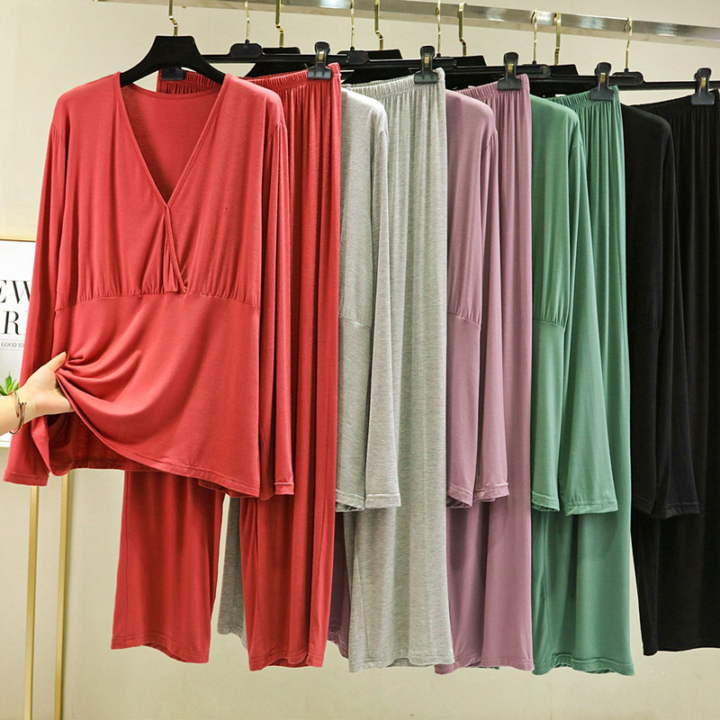 Women's Sleepwear Fdfklak Comfortable Sleepwear Women Loose Elegant V Neck Spring Autumn Pajamas Female Long Sleeve Suit Pijamas De Mujer 230321