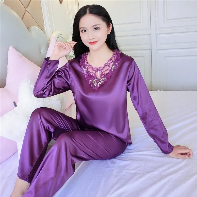 Women's Sleepwear 1311-12Women Pajamas Turndown Collar Pocket Long Sleeve Casual Pants 2 Piece Set Sleepwear Female Home Suit Sets Nightwear 2303