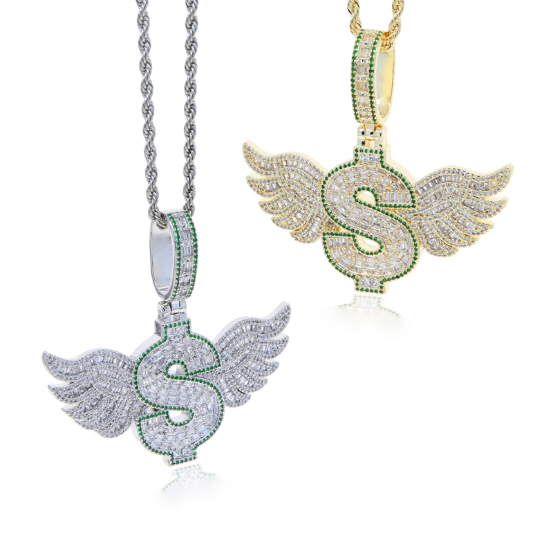 New Iced Out Bling Letter Dollar Symbol Pendant Necklace Gold Plated CZ Cubic Zirconia Wings Charm Men Women Hip Hop Jewelry