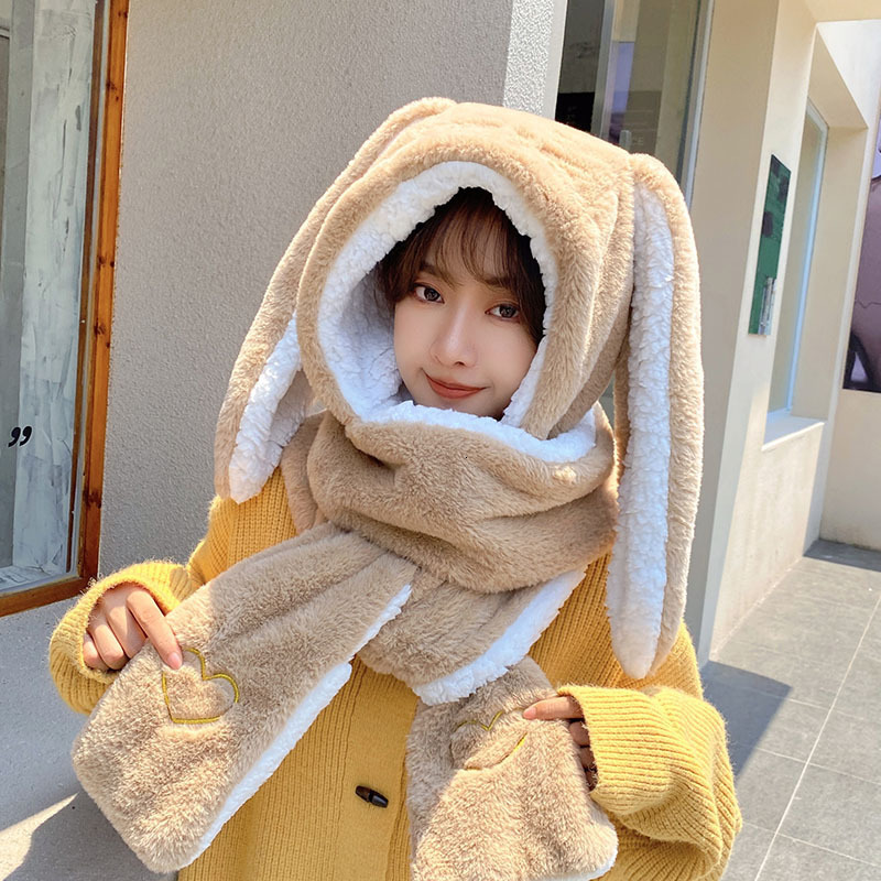 BeanieSkull Caps Fashion Scarf Hat Glove Women Cute Big Ear Bunny Beanie Winter Warm Soft Thickening Pocket Hats Hooded Skullie 230321