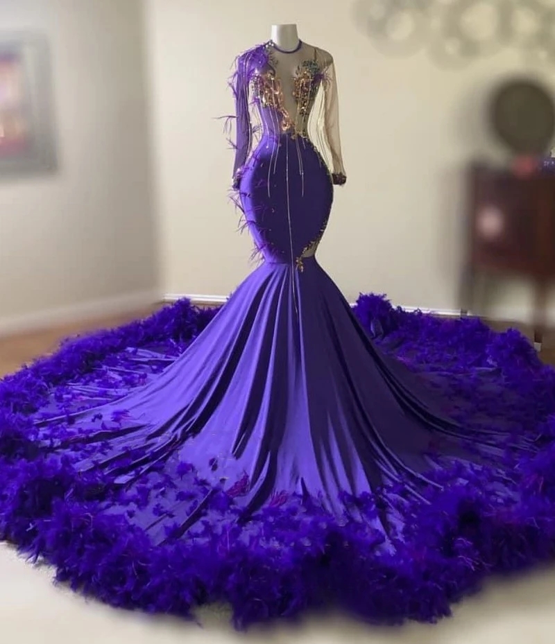 Purple Feathers Mermaid Prom Dresses Long Sleeve Sequin Applique Tassel Party Gowns Graduation Dress For Black Girls 322