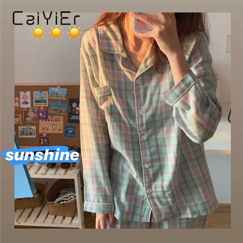 Women's Sleepwear CAIYIER Cute Grid Girls Pajamas Set Korean Autumn Winter Long Sleeve Leisure Sleepwear Women Loose Nightwear Homewear Suit 2303