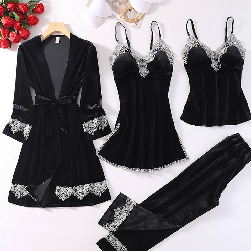 Women's Sleepwear Sexy Velour 4PCS Robe Set Autumn Winter Lace Strap Nighty Kimono Gown Women Long Sleeve Sleepwear Casual Home Wear Nightwear 23