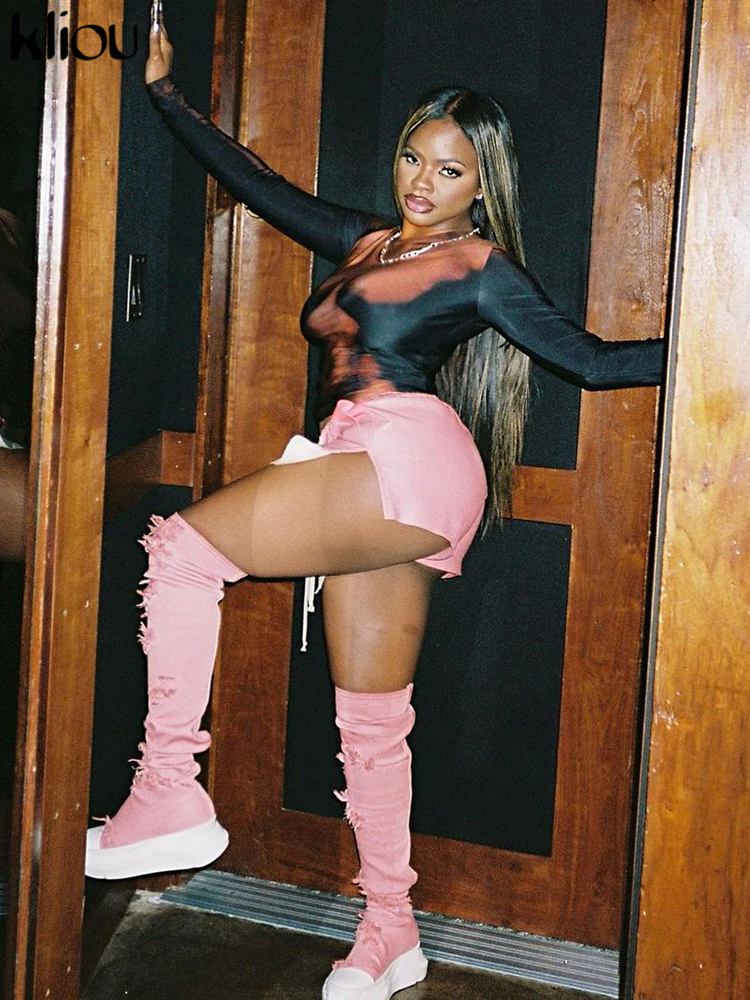 Womens TShirt Kliou Y2K Aesthetic Body Print Tshirt Women Hipster Street Distinctive Round Neck Long Sleeve 3D Slim Tops Attirewear Clothing 230321