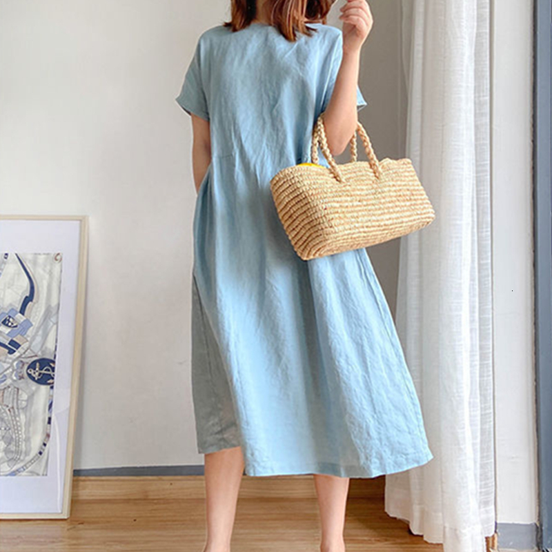 Casual Dresses Korean Fashion Women Short Sleeve Dresses Solid Simple M-4XL Retro Cotton and Linen Breathable Leisure Loose Mid-calf Vestidos 230321