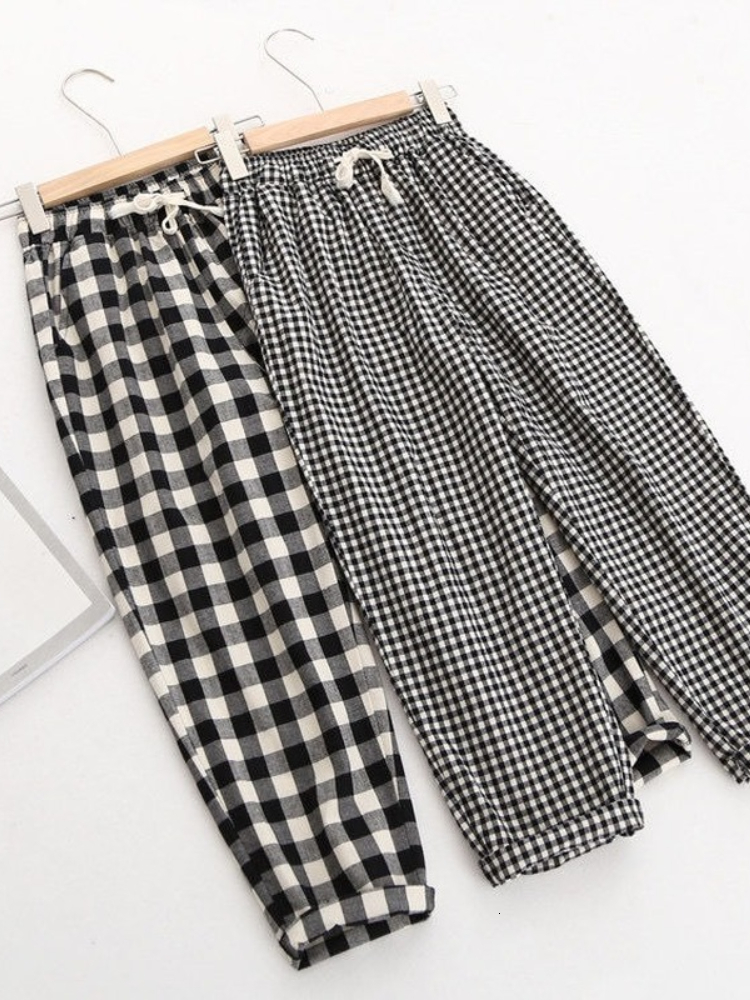 Women's Pants Capris Spring Summer Plaid Pants Women's Harem Pants Capris Drawstring Waist Large Size Casual Loose Cotton Linen Trousers Wom