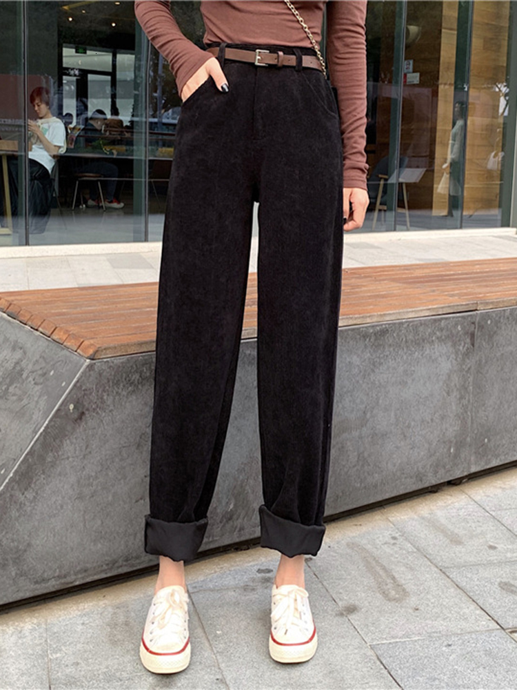 Women's Pants Capris ZOKI Vintage Corduroy Women Pants Fashion Belt Fall Elastic High Waist All Match Wide Leg Pants Causal Pockets Loose Trouser
