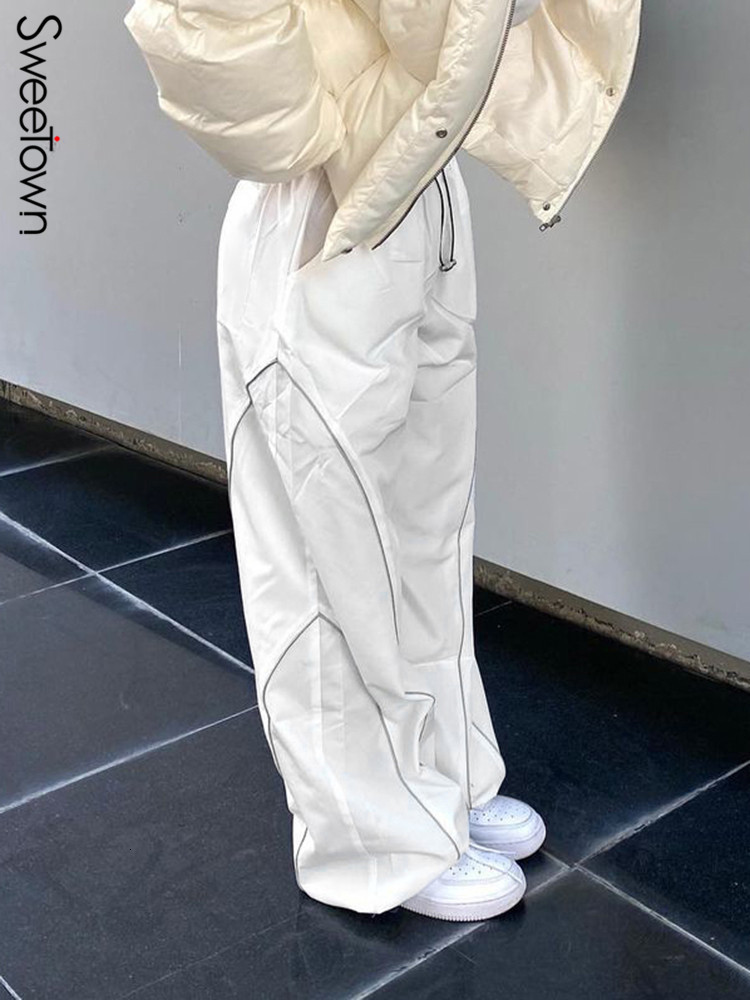 Women's Pants Capris Sweetown White Casual Baggy Womens Joggers Sweatpants Contrast Stitching Stripe Drawstring Elastic High Waist Hippie Harem P