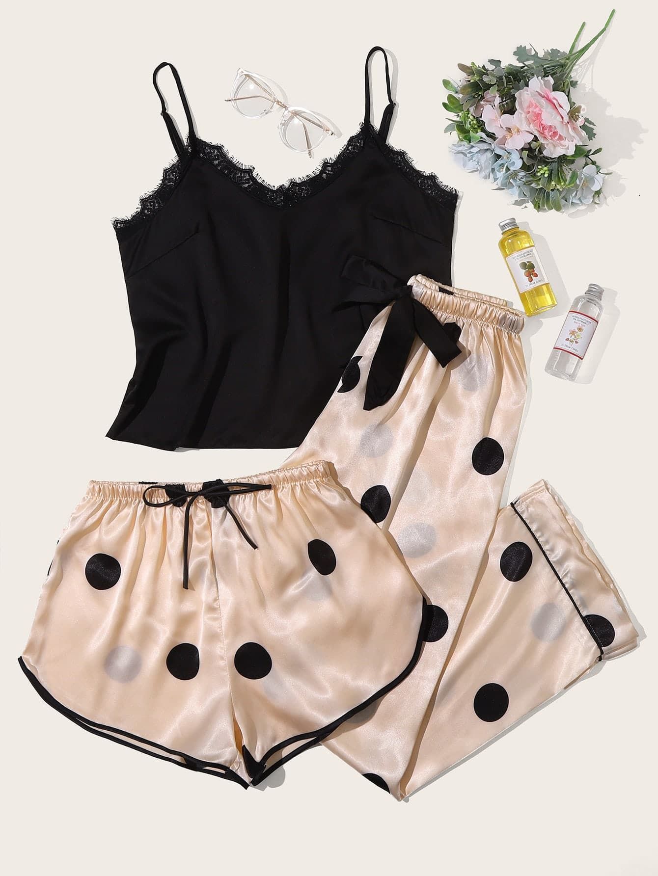 Women's Sleepwear Women's Pajamas Silk Like Sleepwear 3 Pieces Set Ice Silk Sexy Camisole Shorts Long Pants Nightwear Casual Female Home Sui