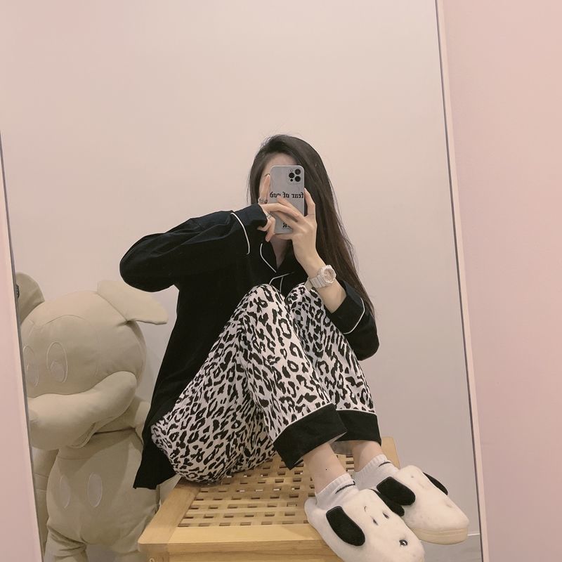 Women's Sleepwear QWEEK Cow Print Women's Pajamas Home Clothes Cute Pyjama Pour Femme Kawaii Sleepwear Pijamas Nightie Autumn Winter 230321