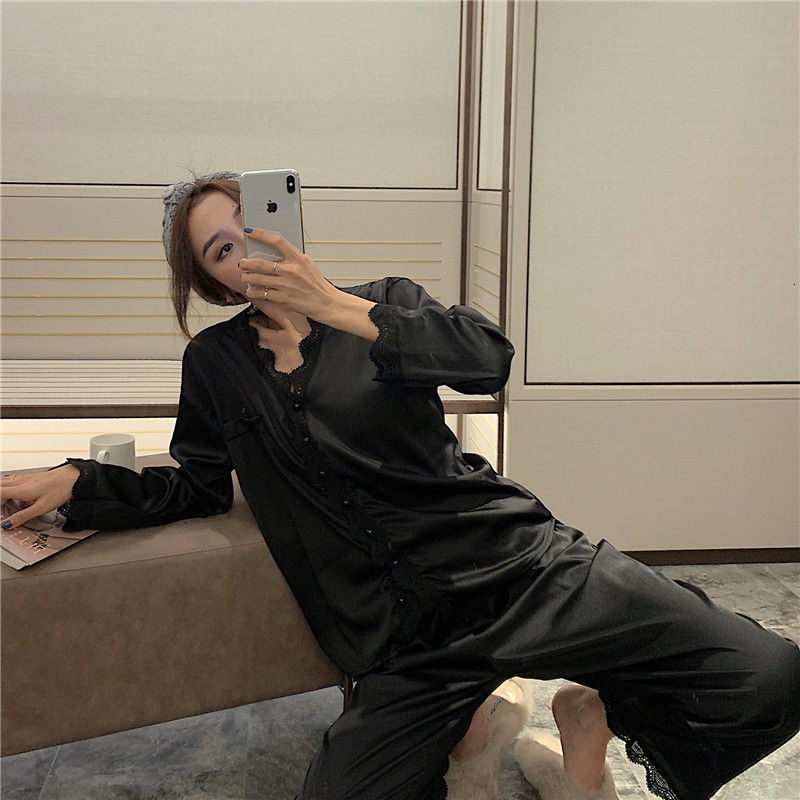 Women's Sleepwear 2 Piece/Set Home Suit Pajamas For Women Sleepwear Female Long Sleeve Trousers Satin Silk Nightwear Suit Pijamas 230321