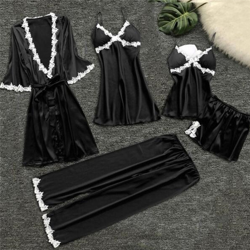 Women's Sleepwear Women Satin Sleepwear Thin 5 Pieces Pyjamas Sexy Lace Pajamas Sleep Lounge Pijama Silk Night Home Clothing Pajama Suit 230321