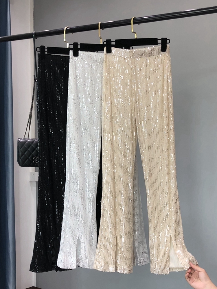Women's Pants Capris The Women's Fashion Shining White Trousers Show Tall Waist Sequins Flares Pants 230321