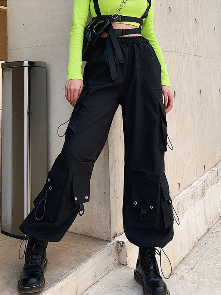 Women's Pants Capris QWEEK Gothic Cargo Pants Women Korean Fashion Spring Harajuku Streetwear Oversized High Waisted Loose Trousers Female Goth 2