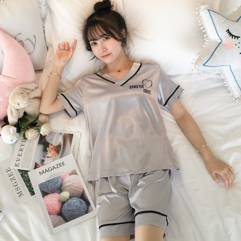 Women's Sleepwear Pajamas Women's Summer Ice Silk V-Neck Short Sleeves Pyjamas Two Piece Suit Kaeva Pajamas Women's Home Clothes Sleepw