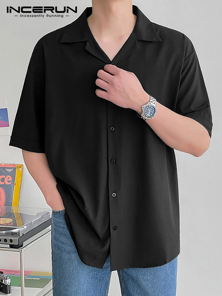 Men's Casual Shirts INCERUN Men Casual Shirt Lapel Short Sleeve Button Streetwear Summer Men Clothing Solid Color Korean Fashion Shirts S-5XL 230