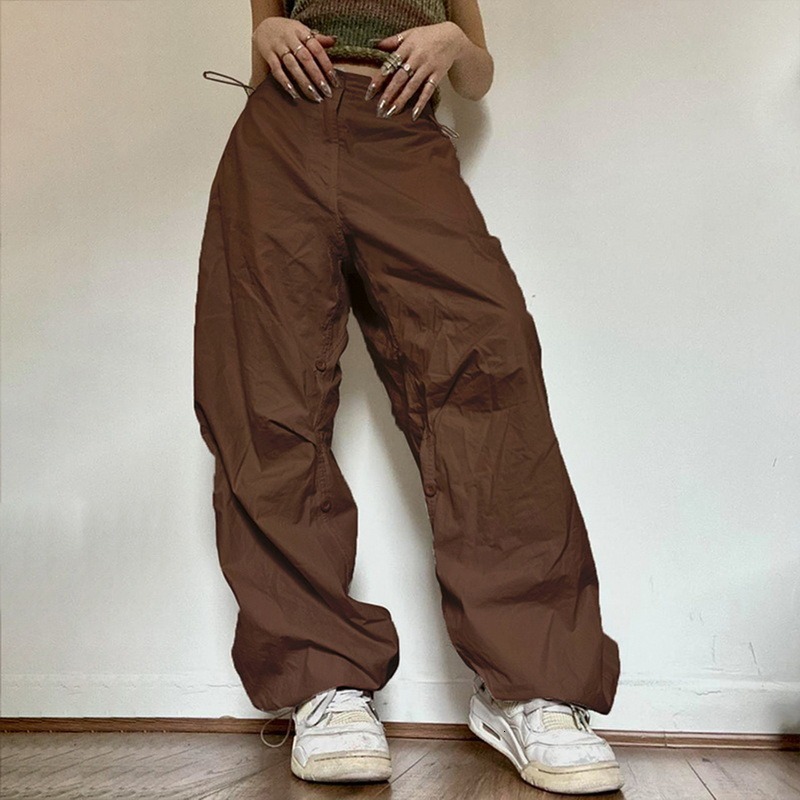 Women's Pants Capris Women Wide Leg Cargo Pants Y2K Vintage Low Waist Drawstring Joggers Tech Pants Casual Solid Hippie Streetwear Baggy Trousers