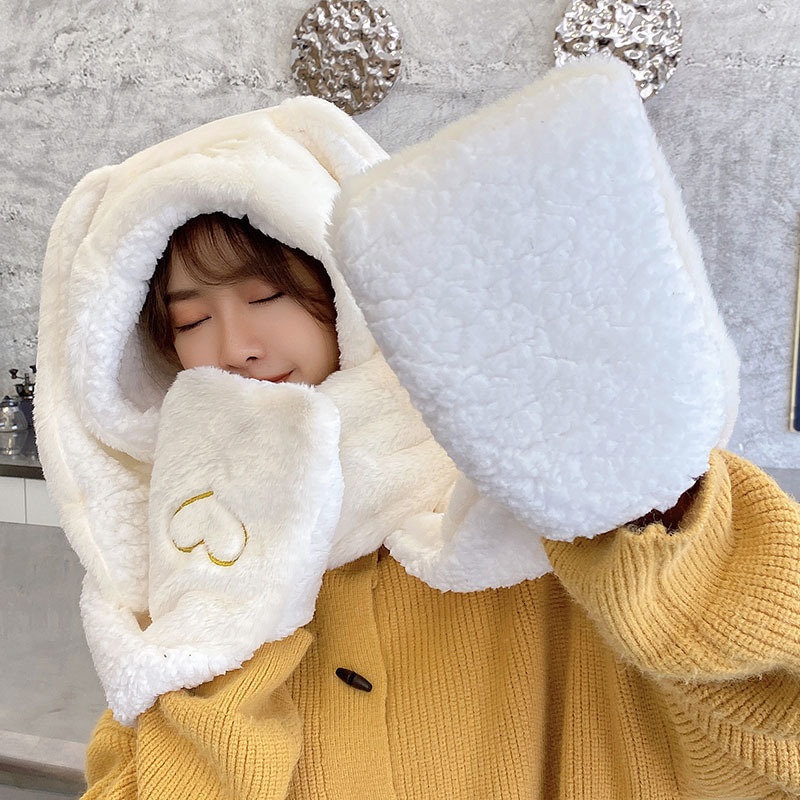 BeanieSkull Caps Fashion Scarf Hat Glove Women Cute Big Ear Bunny Beanie Winter Warm Soft Thickening Pocket Hats Hooded Skullie 230321
