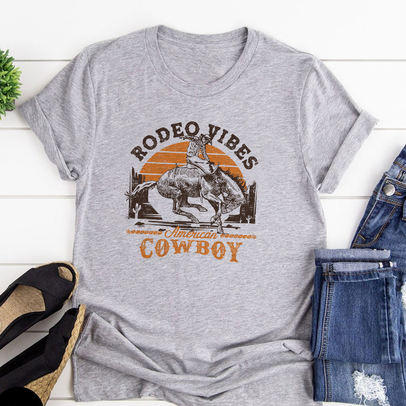Womens TShirt Rodeo Vibes Retro Western Cowboy Tshirts Women Loose Short Sleeve Vintage Graphic TShirts Hippie T Shirt Tops Cowgirl Clothes 230321