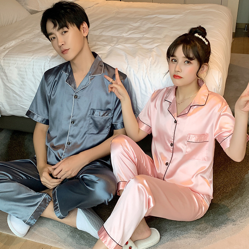 Women's Sleepwear Summer Solid Color Silk Satin Pajamas Couple Set Short Sleeve Trousers Button-Down Lovers Sleepwear Plus Size Pj Set Pyjamas 23