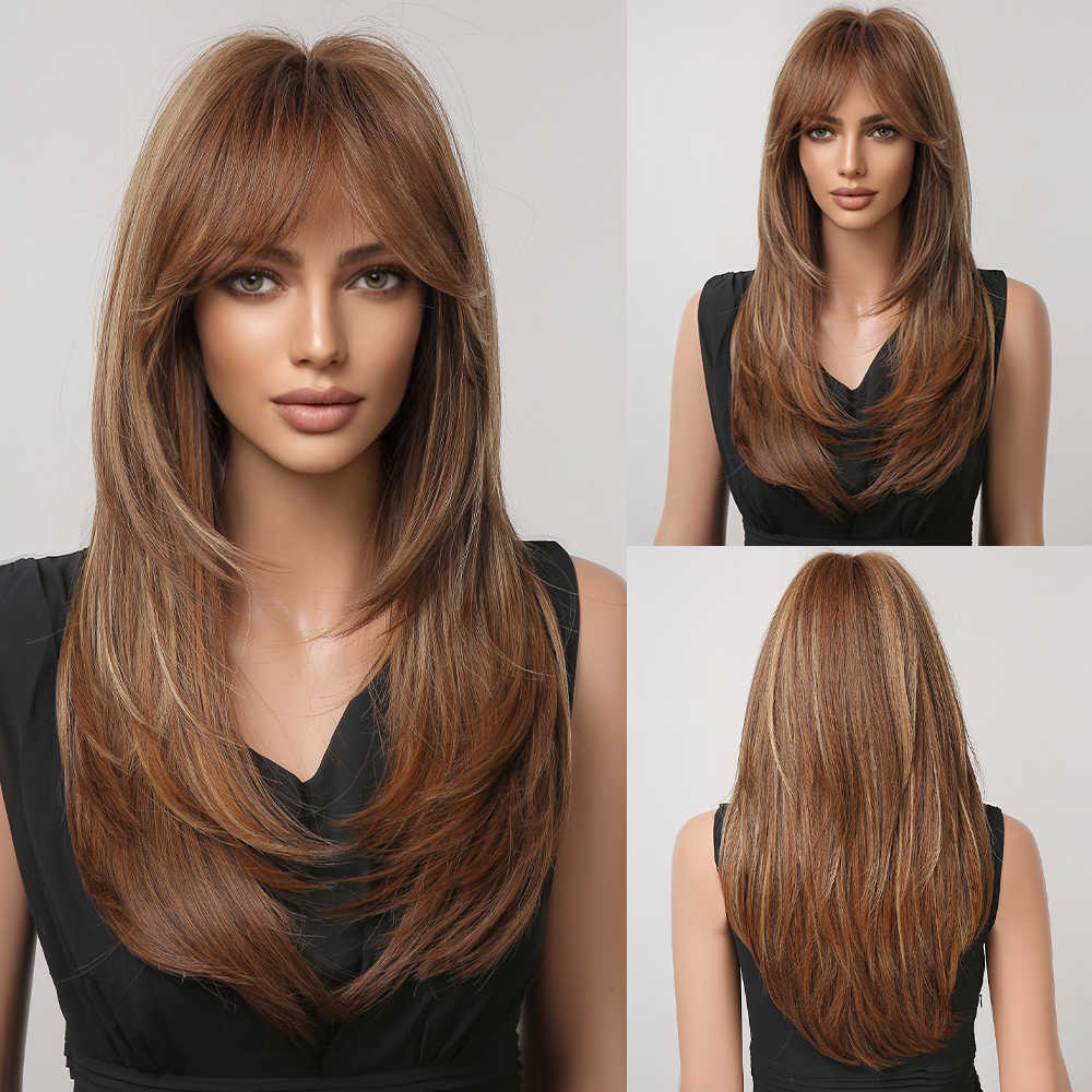 Synthetic Wigs Easihair Long Straight Wigs with Bangs Black to Brown Ombre Synthetic for Women Daily Natural Hair Heat Resistant 230227